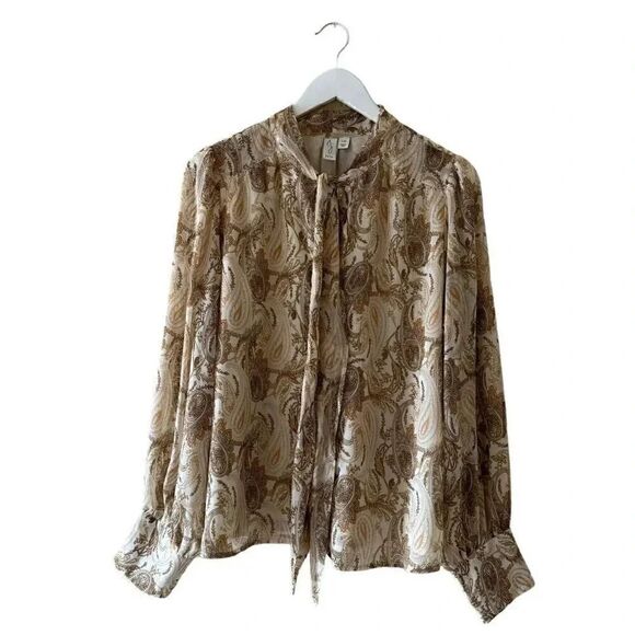 Joie PAISLEY PRINTED RETRO BLOUSE Linen IN BROWN Cream SZ L #1955 - Picture 1 of 11